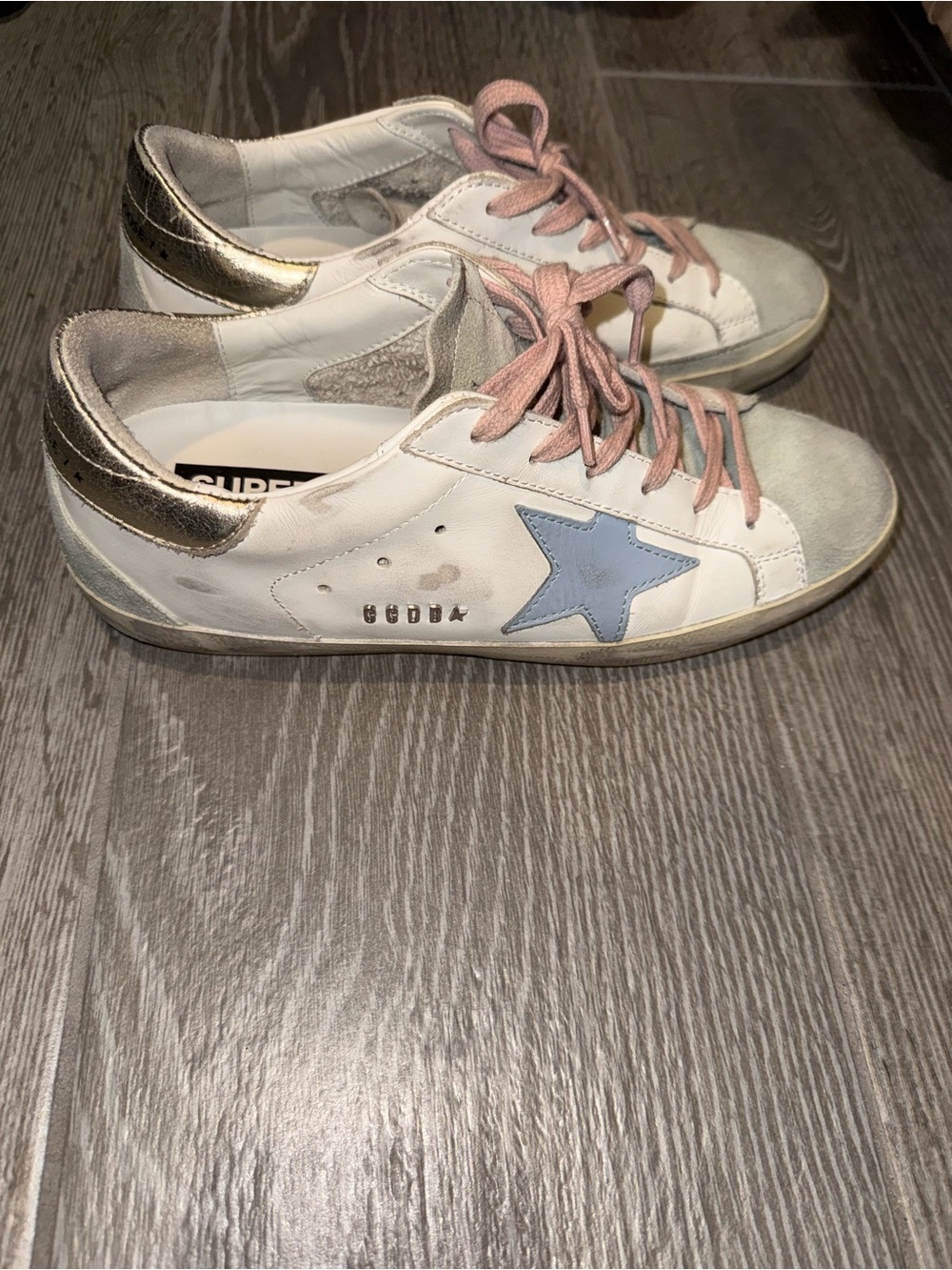 Golden Goose White Leather Sneakers with Blue Star and Pink Laces